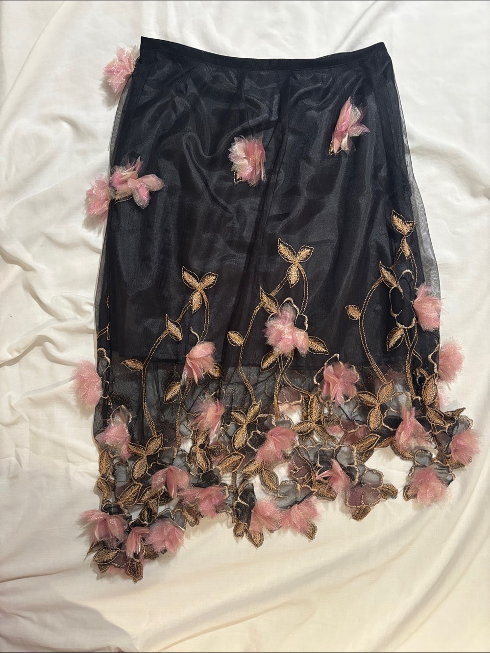 Black Mesh Skirt with Pink Floral Appliqué